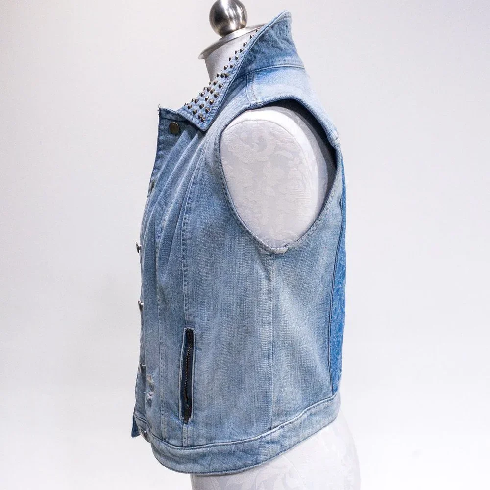 Guess M Sleeveless Jean Jacket Vest Layer Studded Collar Pattern Back Crop Top - Picture 3 of 16